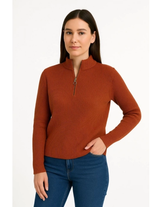 KADIN Yarım Fermuarlı Triko Kazak – Selanik Örgü, Dik Yaka, Pamuklu Dokuma, Oversize Uzun Kollu Kışlık odel  Kiremit