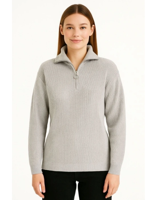 KADIN Yarım Fermuarlı Triko Kazak – Selanik Örgü, Dik Yaka, Pamuklu Dokuma, Regular Fit Uzun Kollu Kışlık odel  Gri