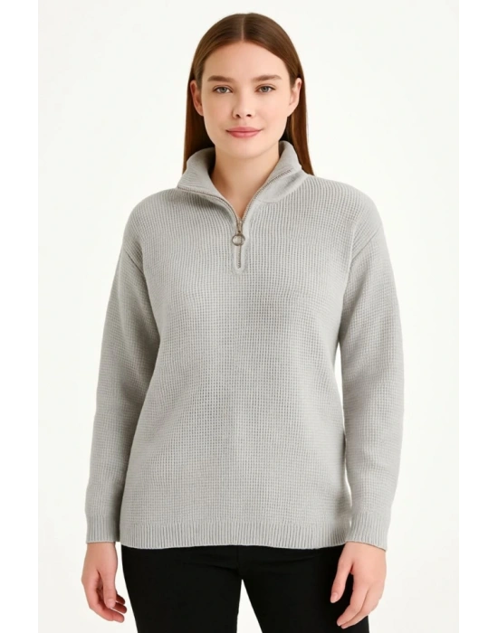 KADIN Yarım Fermuarlı Triko Kazak – Selanik Örgü, Dik Yaka, Pamuklu Dokuma, Regular Fit Uzun Kollu Kışlık odel  Gri