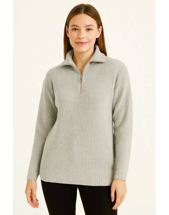 KADIN Yarım Fermuarlı Triko Kazak – Selanik Örgü, Dik Yaka, Pamuklu Dokuma, Regular Fit Uzun Kollu Kışlık odel  Gri