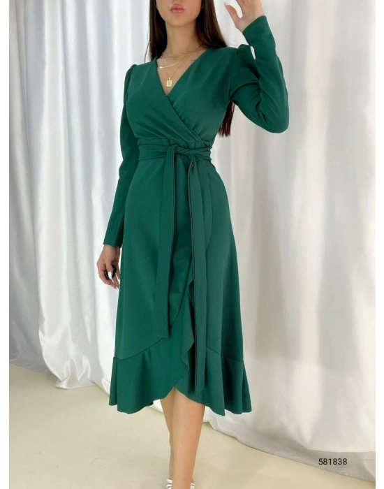 Kadın Yeşil Krep Kumaş idi Boy Kuşaklı Uzunkol Elbise