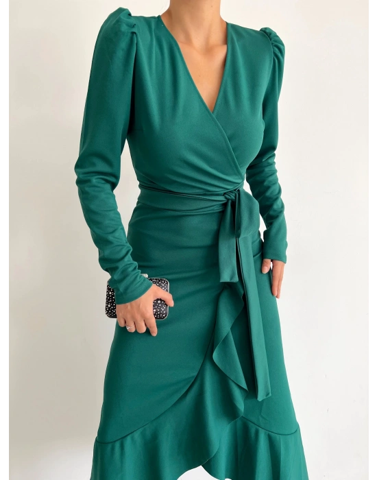Kadın Yeşil Krep Kumaş idi Boy Kuşaklı Uzunkol Elbise