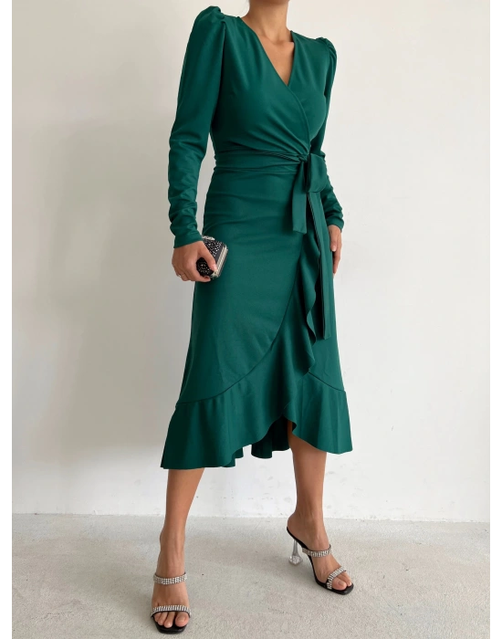 Kadın Yeşil Krep Kumaş idi Boy Kuşaklı Uzunkol Elbise