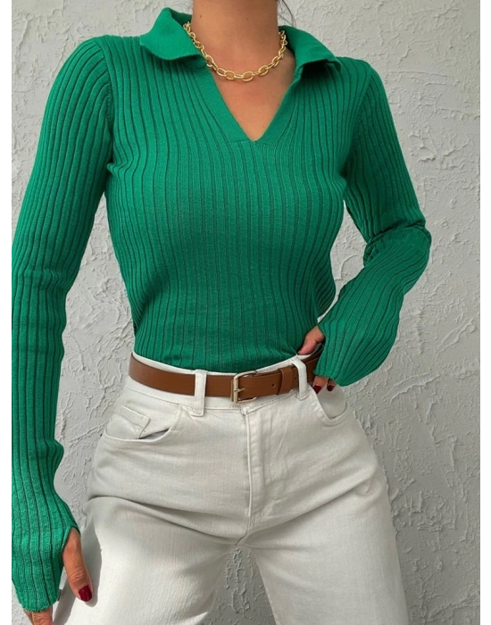 Kadın Yeşil Polo Yaka Parmak Detay Triko Bluz 2047