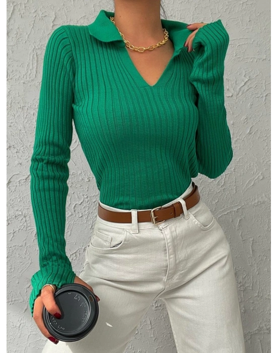 Kadın Yeşil Polo Yaka Parmak Detay Triko Bluz 2047