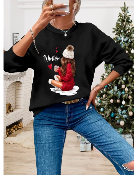 Kadın Yılbaşı Özel Uzun Kollu Bisiklet Yaka Desenli Viskon Iki Iplik Bluz