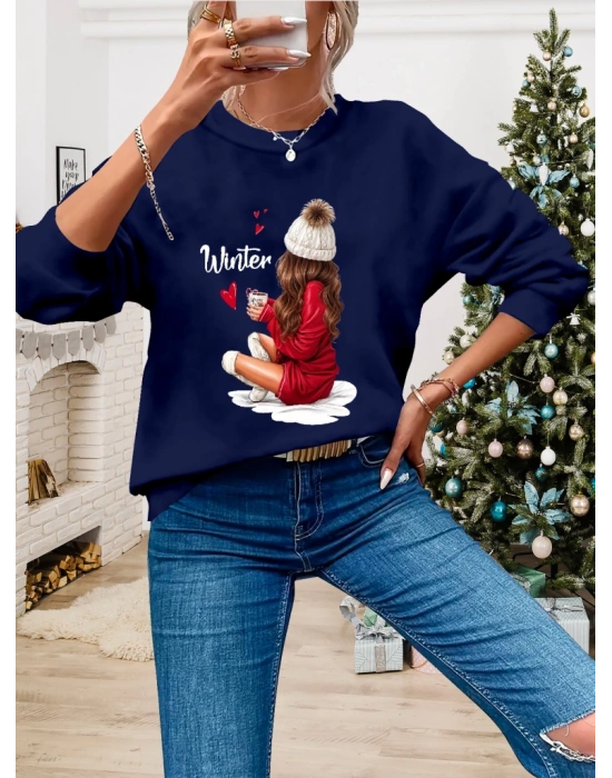 Kadın Yılbaşı Özel Uzun Kollu Bisiklet Yaka Desenli Viskon Iki Iplik Bluz