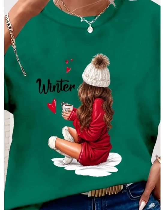 Kadın Yılbaşı özel Uzun Kollu Bisiklet Yaka Desenli Viskon Iki Iplik Bluz