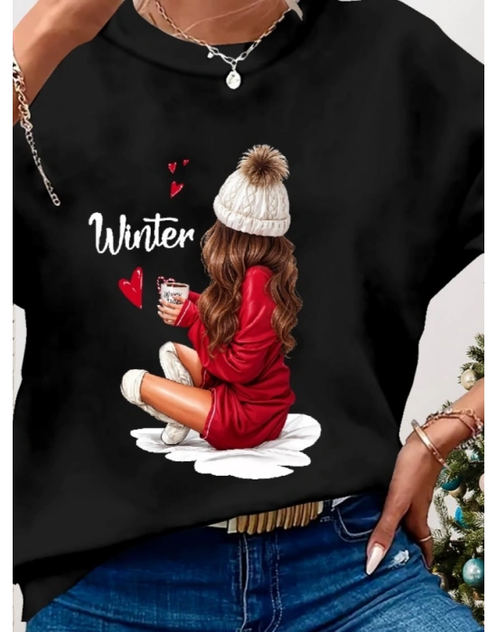 Kadın Yılbaşı Özel Uzun Kollu Bisiklet Yaka Desenli Viskon Iki Iplik Bluz