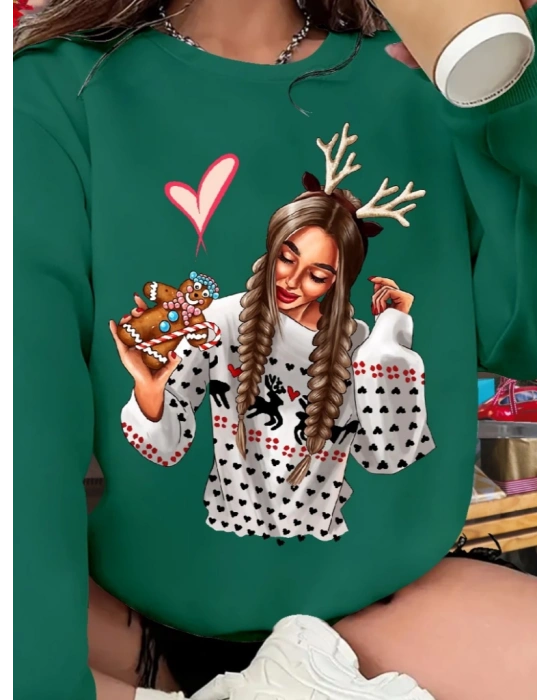 Kadın Yılbaşı Özel Uzun Kollu Bisiklet Yaka Desenli Viskon Iki Iplik Bluz