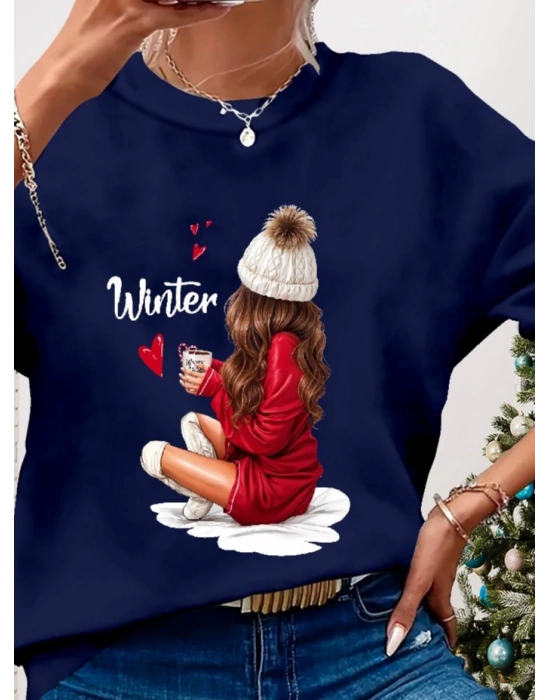 Kadın Yılbaşı Özel Uzun Kollu Bisiklet Yaka Desenli Viskon Iki Iplik Bluz