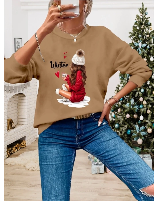 Kadın Yılbaşı özel Uzun Kollu Bisiklet Yaka Desenli Viskon Iki Iplik Bluz