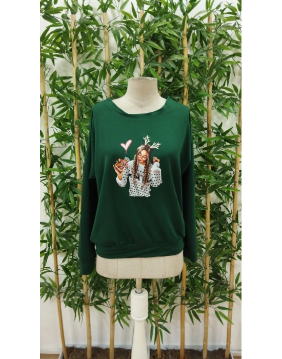 Kadın Yılbaşı Özel Uzun Kollu Bisiklet Yaka Desenli Viskon Iki Iplik Bluz