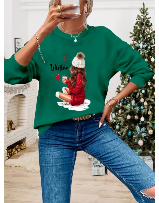 Kadın Yılbaşı özel Uzun Kollu Bisiklet Yaka Desenli Viskon Iki Iplik Bluz