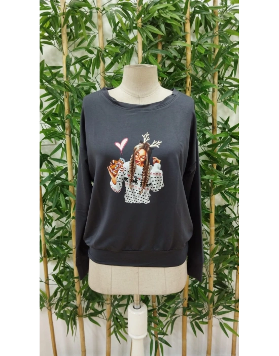 Kadın Yılbaşı özel Uzun Kollu Bisiklet Yaka Desenli Viskon Iki Iplik Bluz