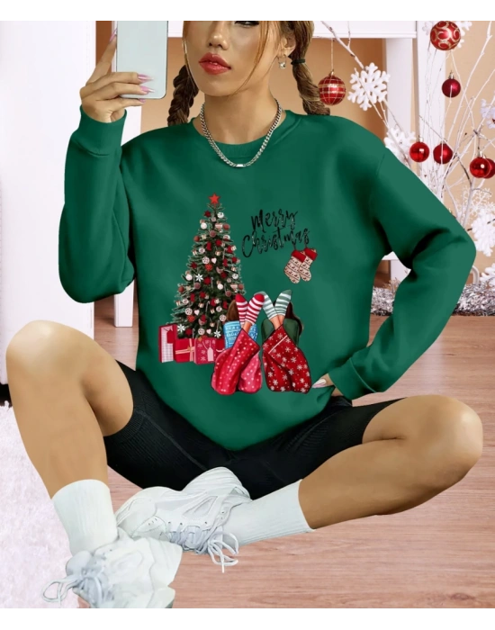 Kadın Yılbaşı Özel Uzun Kollu Bisiklet Yaka Viskon Iki Iplik Bluz