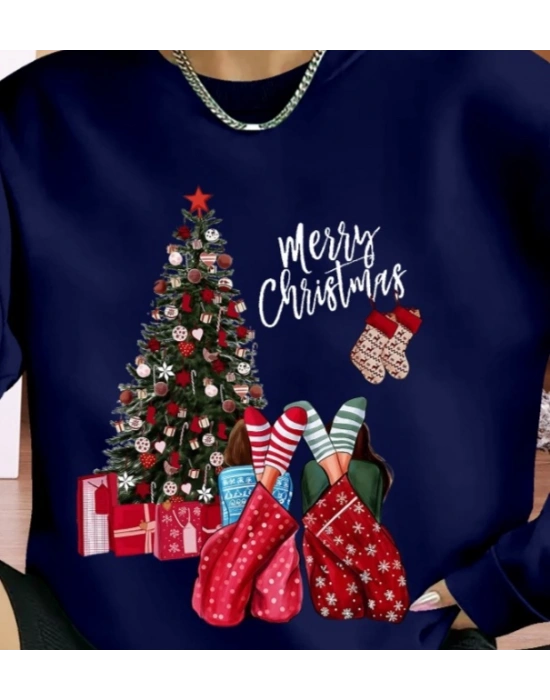 Kadın Yılbaşı Özel Uzun Kollu Bisiklet Yaka Viskon Iki Iplik Bluz