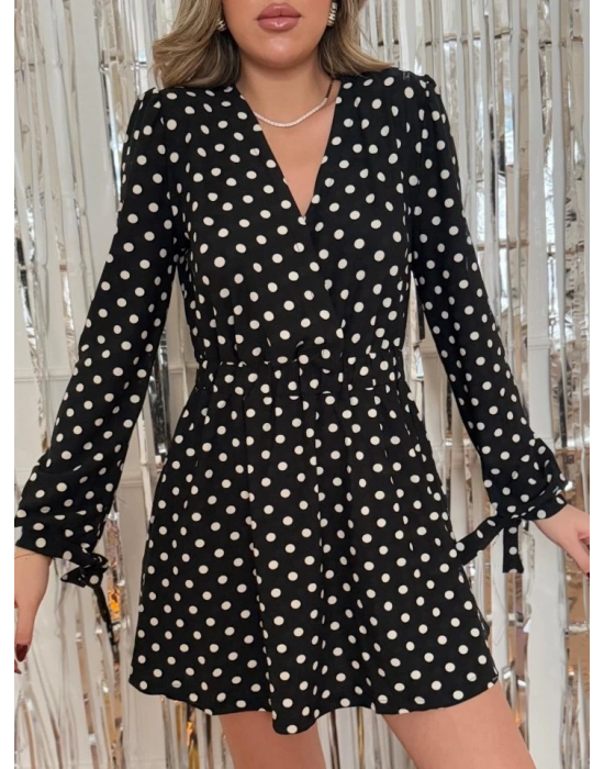 Kadın Yılbaşı özel Uzun Kollu Kruvaze Yaka Puantiyeli Desen Krep Mini Boy Elbise