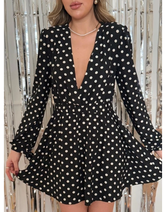 Kadın Yılbaşı özel Uzun Kollu Kruvaze Yaka Puantiyeli Desen Krep Mini Boy Elbise