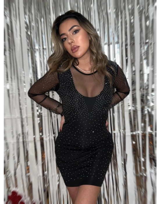 Kadın Yılbaşı özel Uzun Kollu Yuvarlak Yaka Dekolteli Taşlı Dalgıç Elbise