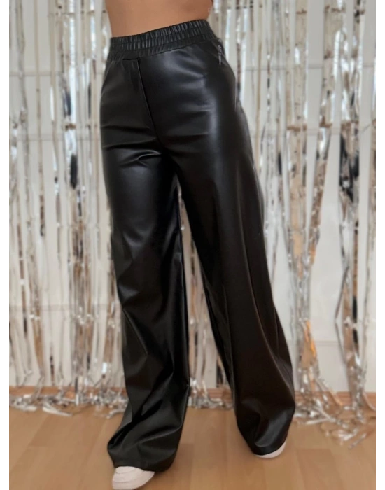 Kadın Yılbaşı özel Yüksek Bel Beli Lastikli Geniş Paçalı Deri Pantolon