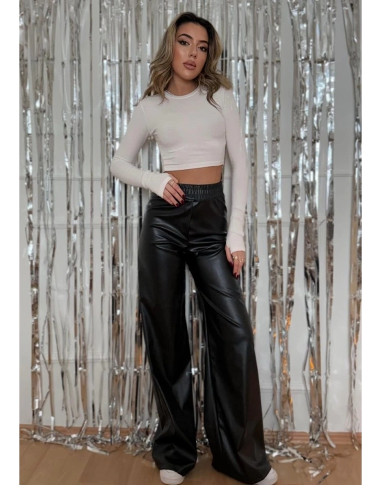Kadın Yılbaşı özel Yüksek Bel Beli Lastikli Geniş Paçalı Deri Pantolon