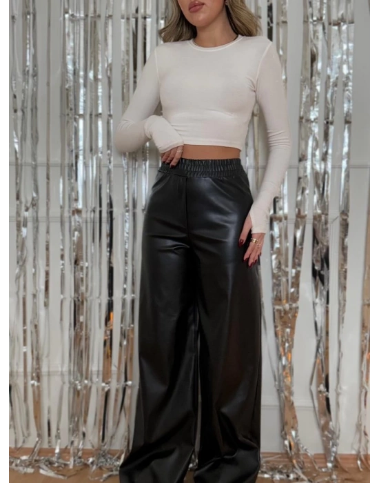 Kadın Yılbaşı özel Yüksek Bel Beli Lastikli Geniş Paçalı Deri Pantolon