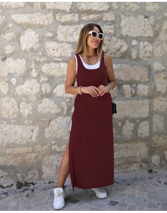 Kadın Yırtmaç Detaylı Viskon Kumaş Maxi Boy Cepli Iç Dahil Ikili Elbise