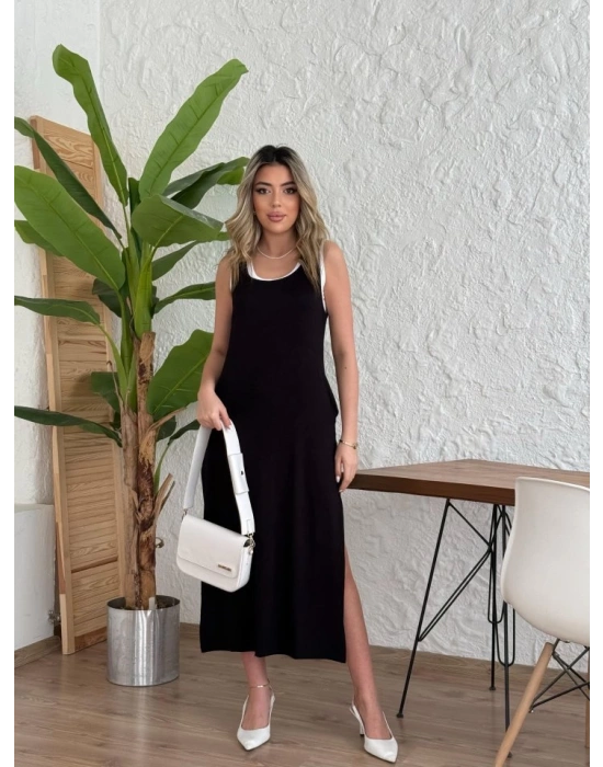 Kadın Yırtmaç Detaylı Viskon Kumaş Maxi Boy Cepli Iç Dahil Ikili Elbise