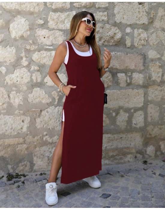 Kadın Yırtmaç Detaylı Viskon Kumaş Maxi Boy Cepli Iç Dahil Ikili Elbise