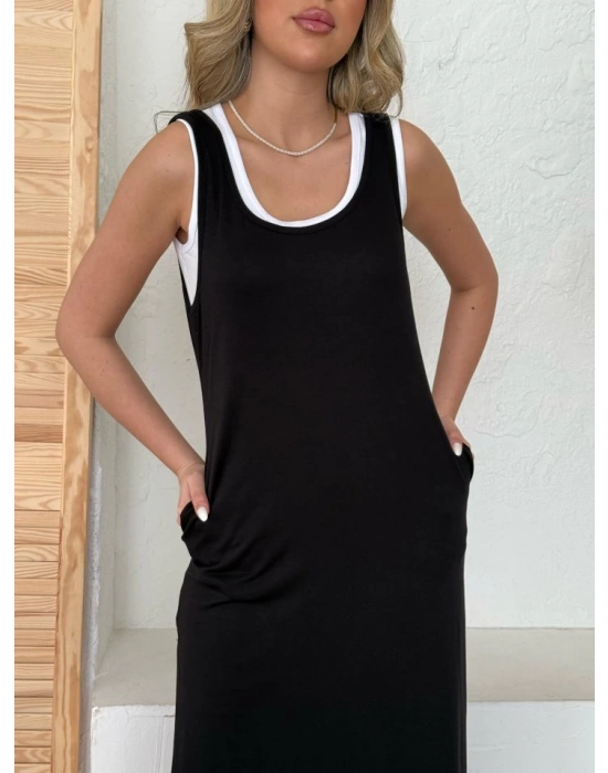 Kadın Yırtmaç Detaylı Viskon Kumaş Maxi Boy Cepli Iç Dahil Ikili Elbise