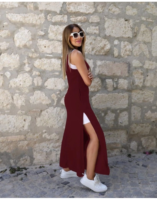 Kadın Yırtmaç Detaylı Viskon Kumaş Maxi Boy Cepli Iç Dahil Ikili Elbise