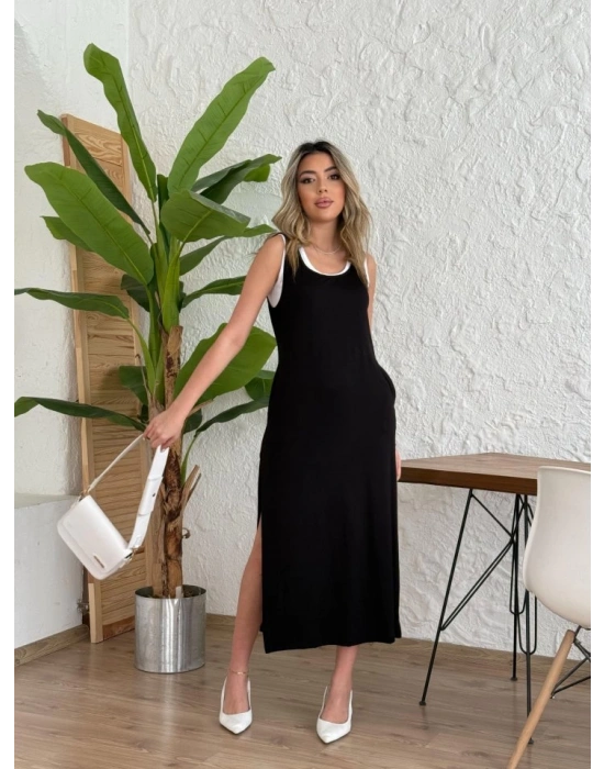 Kadın Yırtmaç Detaylı Viskon Kumaş Maxi Boy Cepli Iç Dahil Ikili Elbise