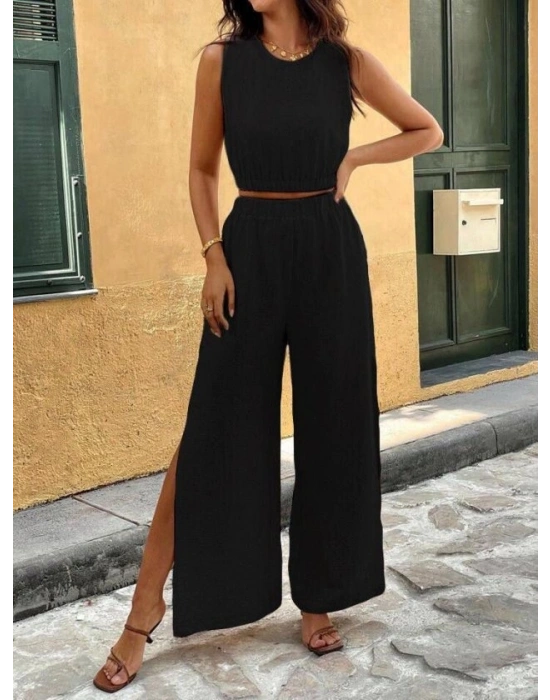 Kadın Yırtmaçlı Geniş Paça Pantolon astikli Kolsuz Bluz Takım