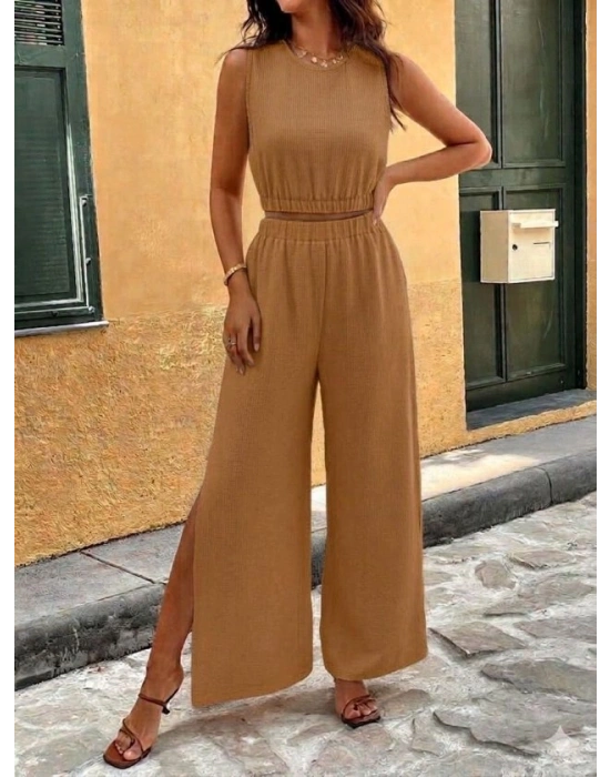 Kadın Yırtmaçlı Geniş Paça Pantolon astikli Kolsuz Bluz Takım