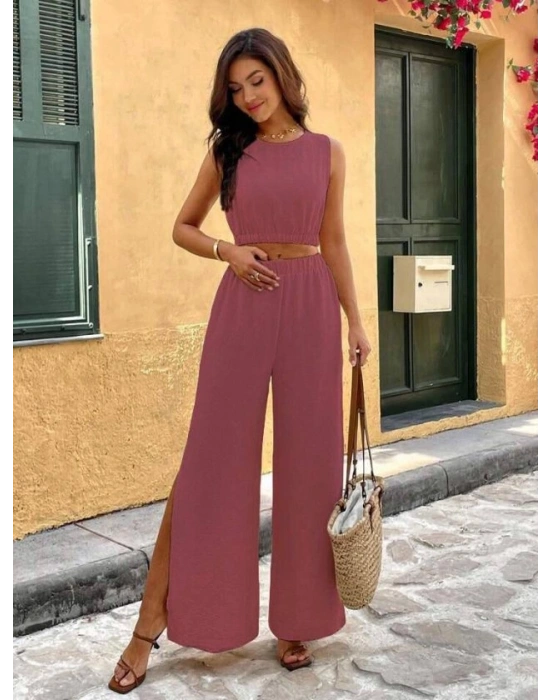 Kadın Yırtmaçlı Geniş Paça Pantolon astikli Kolsuz Bluz Takım