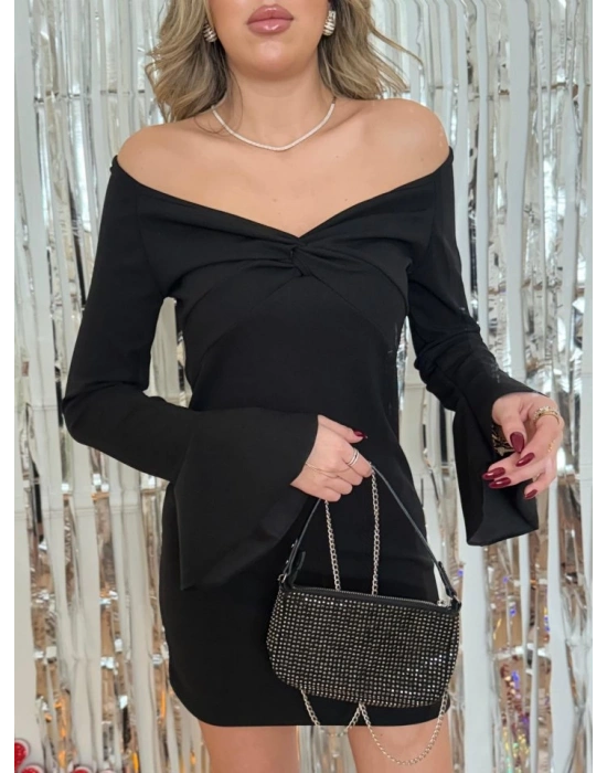 Kadın Yolbaşı özel Uzun Kollu çapraz Derin Dekolte Detaylı Ithal Krep Kısa Elbise