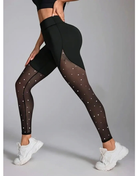 Kadın Yüksek Bel Asimetrik Kesim Detaylı Taşlı Tüllü Spor Dalgıç Tayt