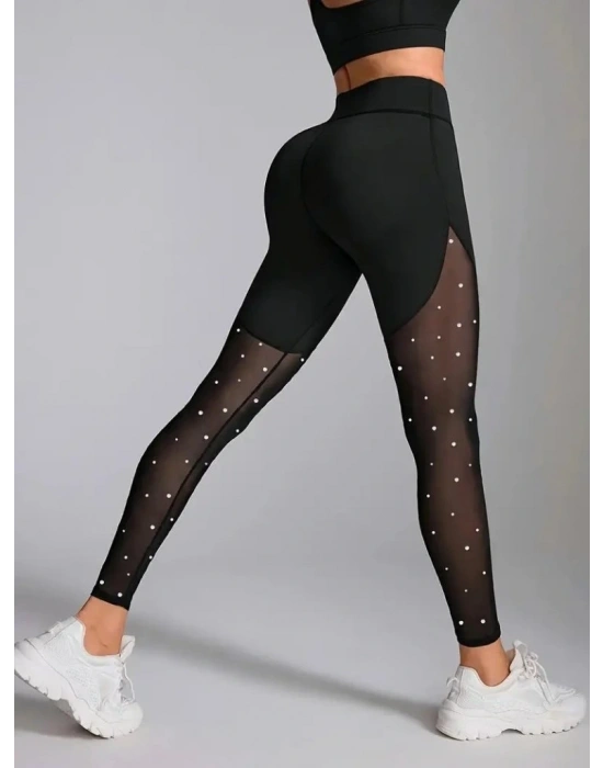 Kadın Yüksek Bel Asimetrik Kesim Detaylı Taşlı Tüllü Spor Dalgıç Tayt