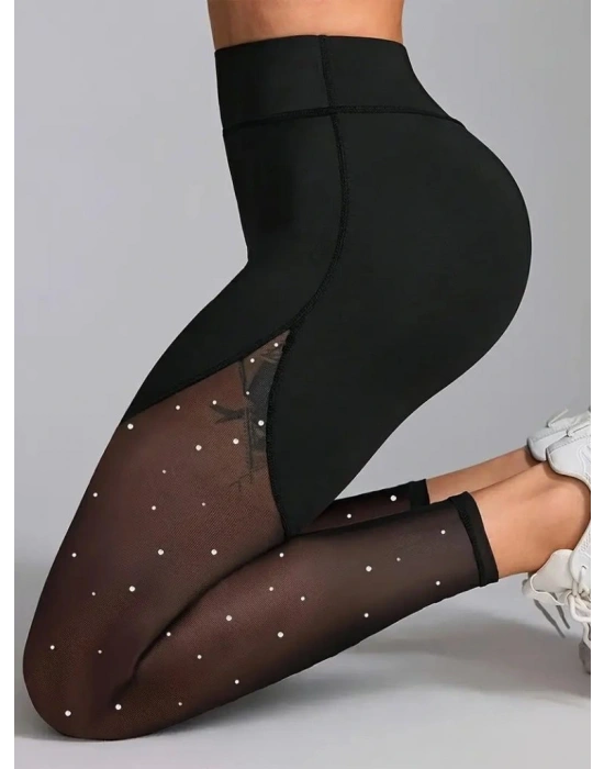 Kadın Yüksek Bel Asimetrik Kesim Detaylı Taşlı Tüllü Spor Dalgıç Tayt