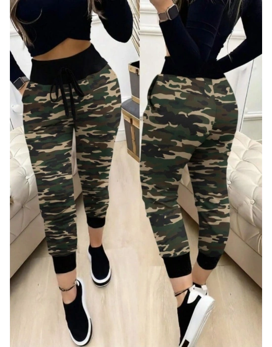 Kadın Yüksek Bel Bağcıklı Desenli Iki Iplik Pantolon