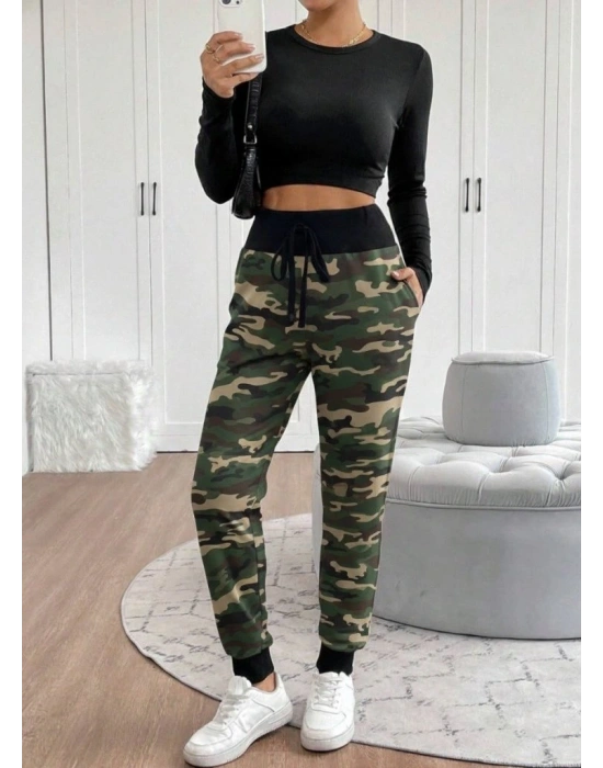 Kadın Yüksek Bel Bağcıklı Desenli Iki Iplik Pantolon