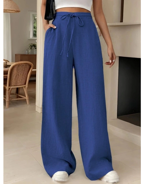 Kadın Yüksek Bel Bağcıklı Geniş Paçalı Uzun Bürümcük Pantolon