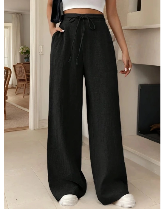 Kadın Yüksek Bel Bağcıklı Geniş Paçalı Uzun Bürümcük Pantolon