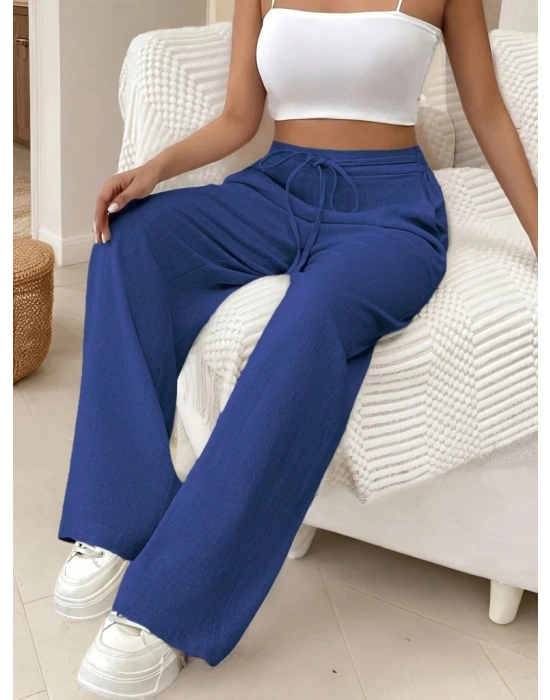 Kadın Yüksek Bel Bağcıklı Geniş Paçalı Uzun Bürümcük Pantolon