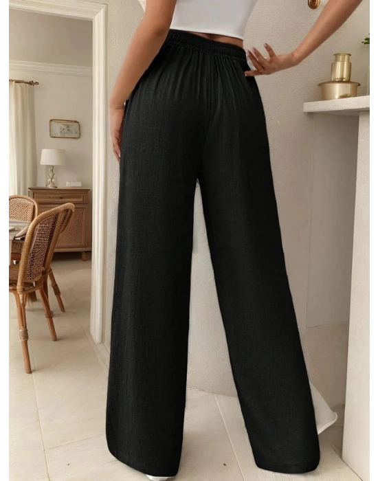 Kadın Yüksek Bel Bağcıklı Geniş Paçalı Uzun Bürümcük Pantolon