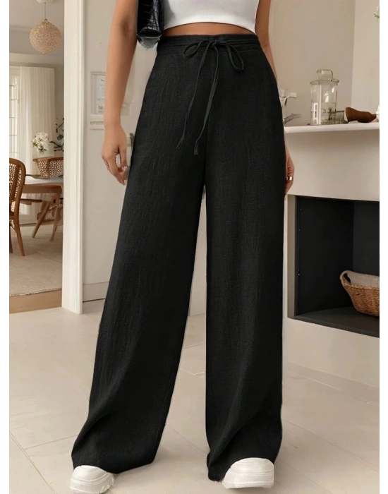 Kadın Yüksek Bel Bağcıklı Geniş Paçalı Uzun Bürümcük Pantolon