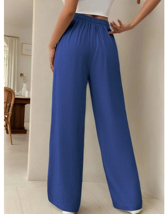 Kadın Yüksek Bel Bağcıklı Geniş Paçalı Uzun Bürümcük Pantolon