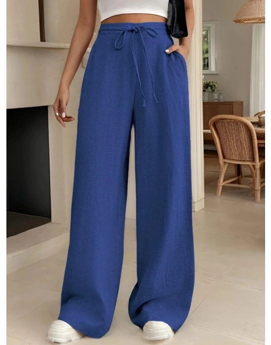 Kadın Yüksek Bel Bağcıklı Geniş Paçalı Uzun Bürümcük Pantolon