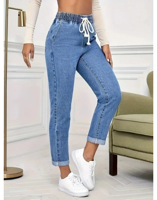 Kadın Yüksek Bel Bağcıklı Kot Pantolon